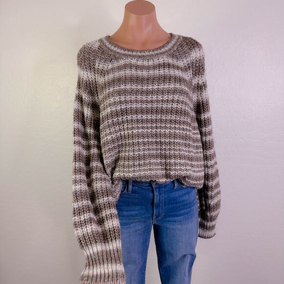 Halogen Striped Grandpa Sweater Crew Neck Chunky Knit Brown Neutral Tan 2X NWT - Picture 1 of 11